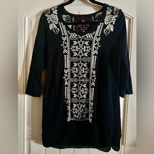 Johnny Was Black Tunic with White Embroidery
